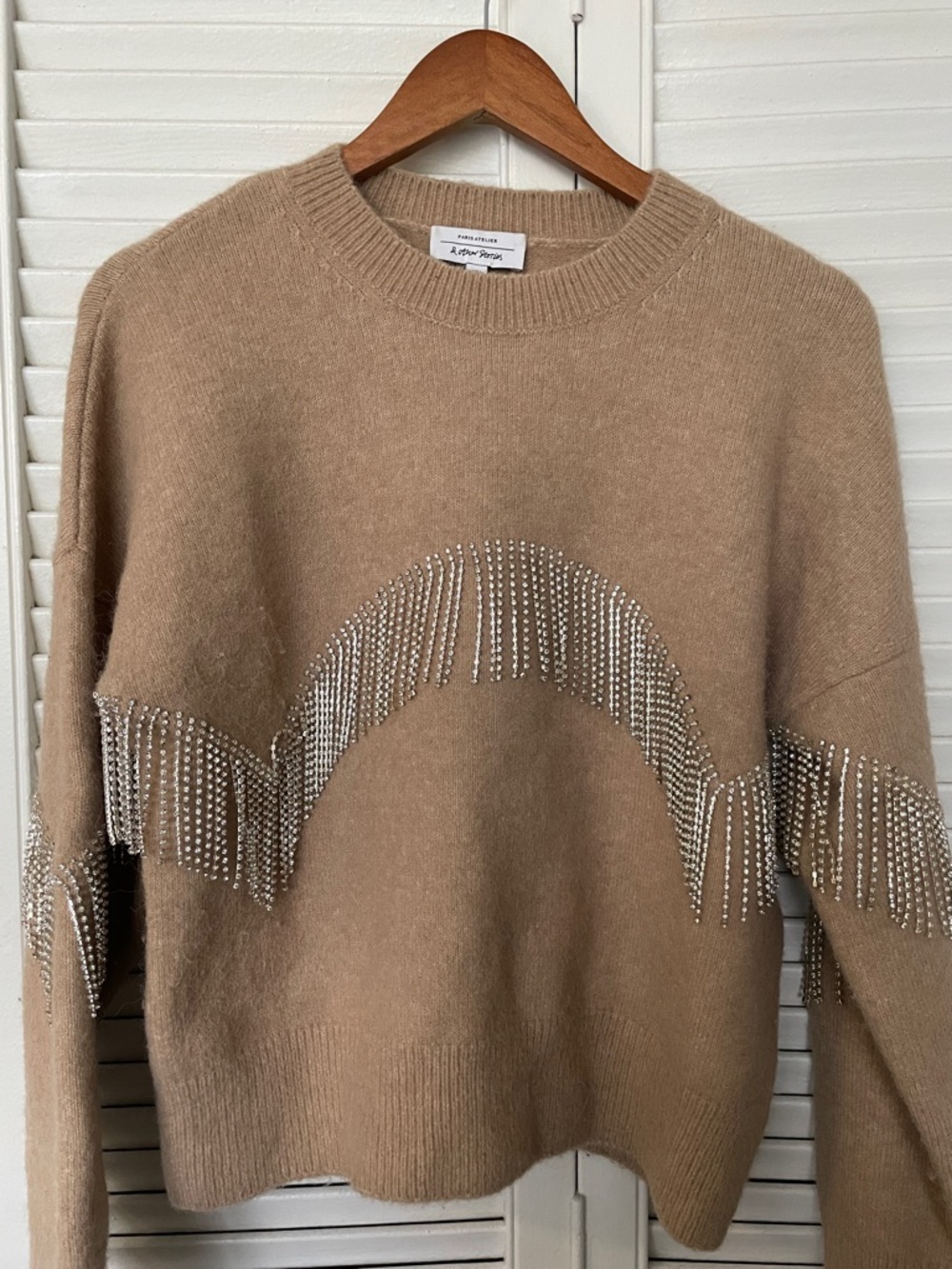 Alpaca Blend Tan Crewneck Sweater with Crystal Fringe, & Other Stories